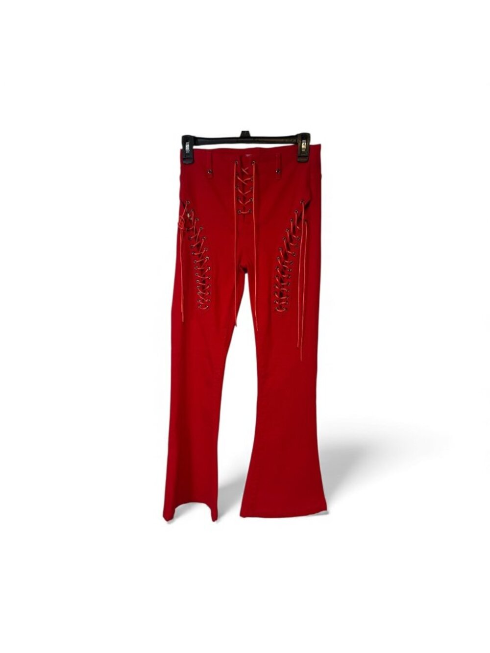 Red Lace Up Pants Womens Small Edikted Flared Bell Bottom Rocker Moto Corset NEW